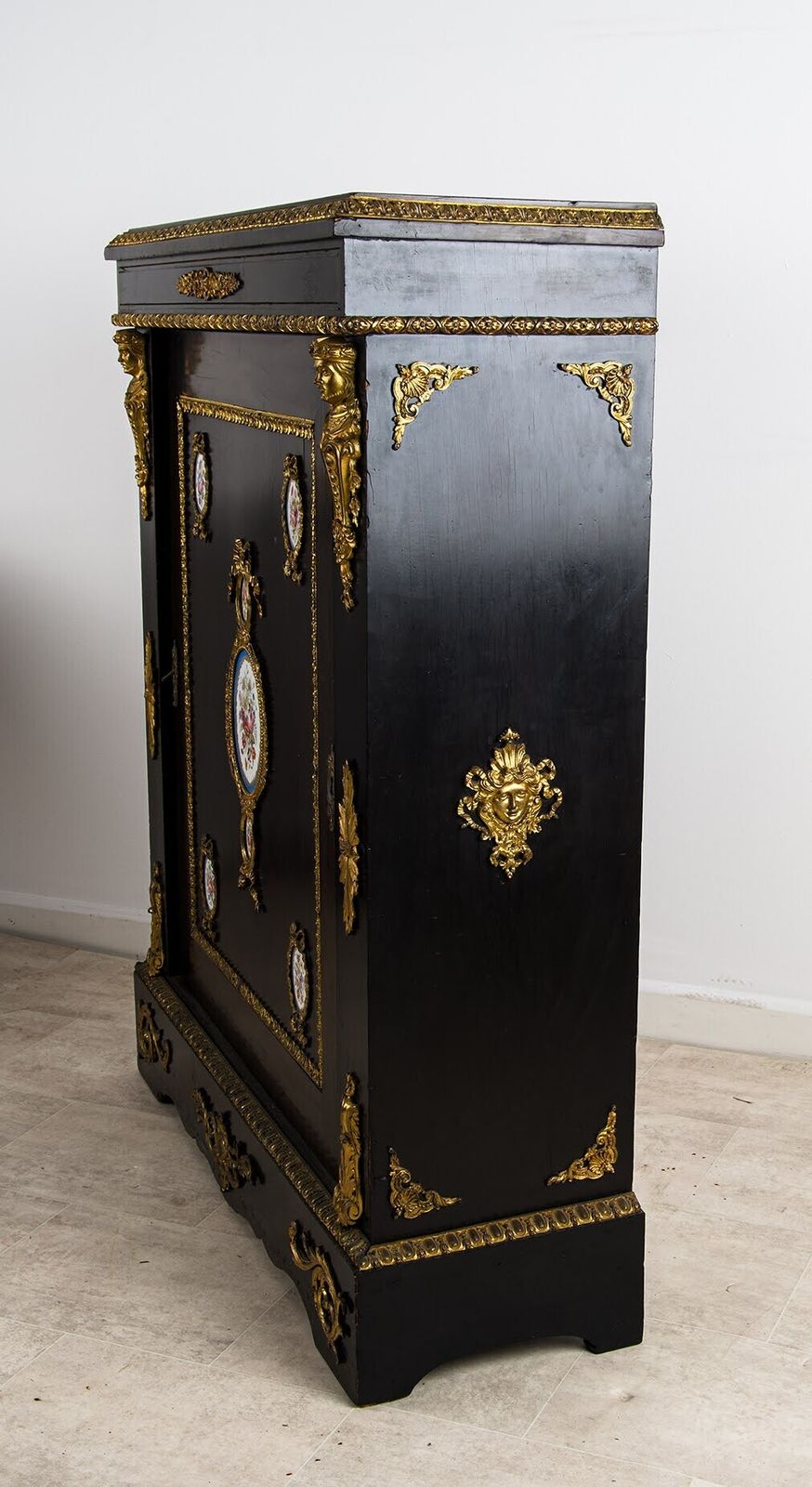Antique French Ebonised Ormolu Mounted Cabinet With Sevres Style Porcelain Plaques photo vinterior