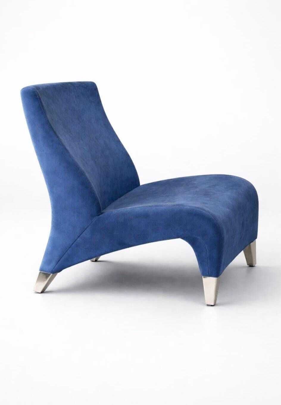 A Pair Of Vintage 80s Oken Blue Suede Chairs With Chrome Legs photo Furniture