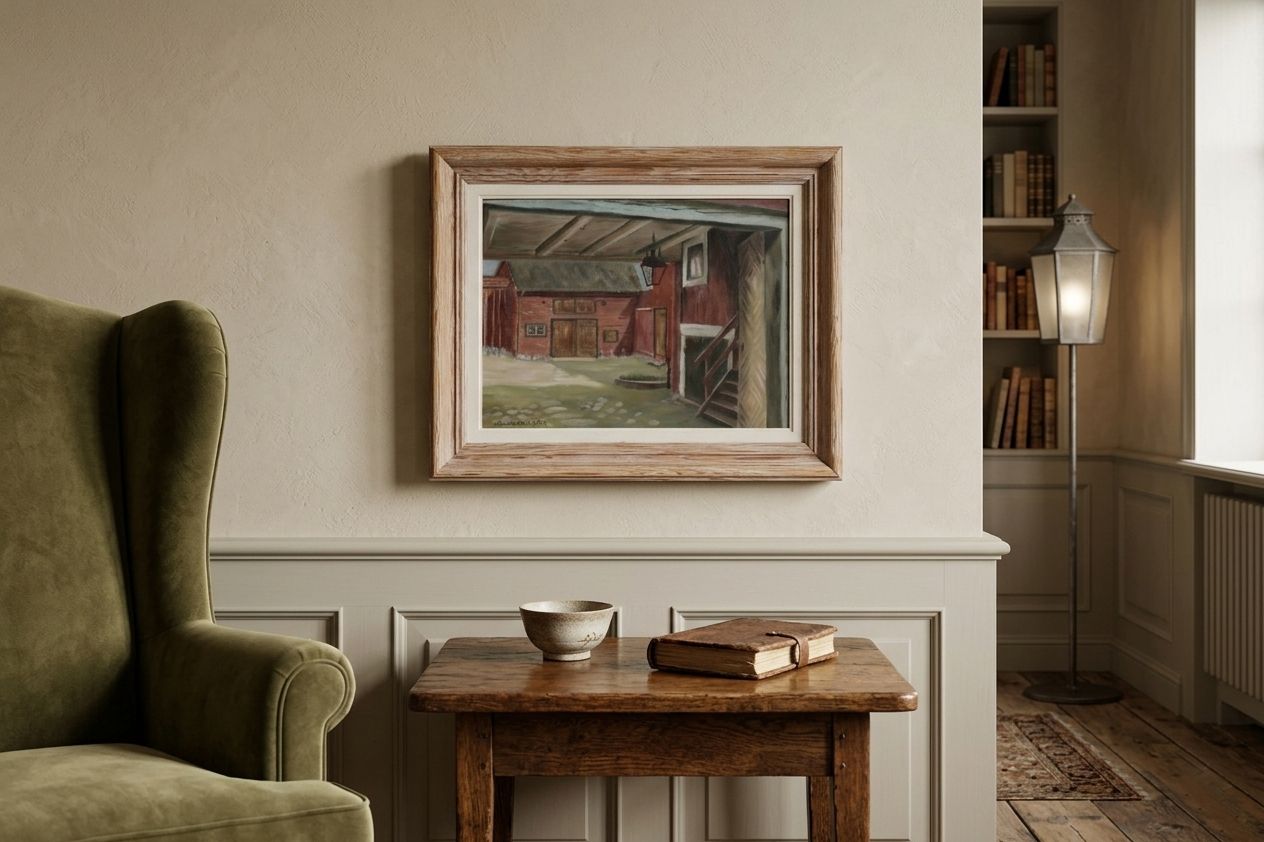 ‘Farm Courtyard’, Oil On Board By G. Hedenrå, Signed And Dated 1984 photo vinterior