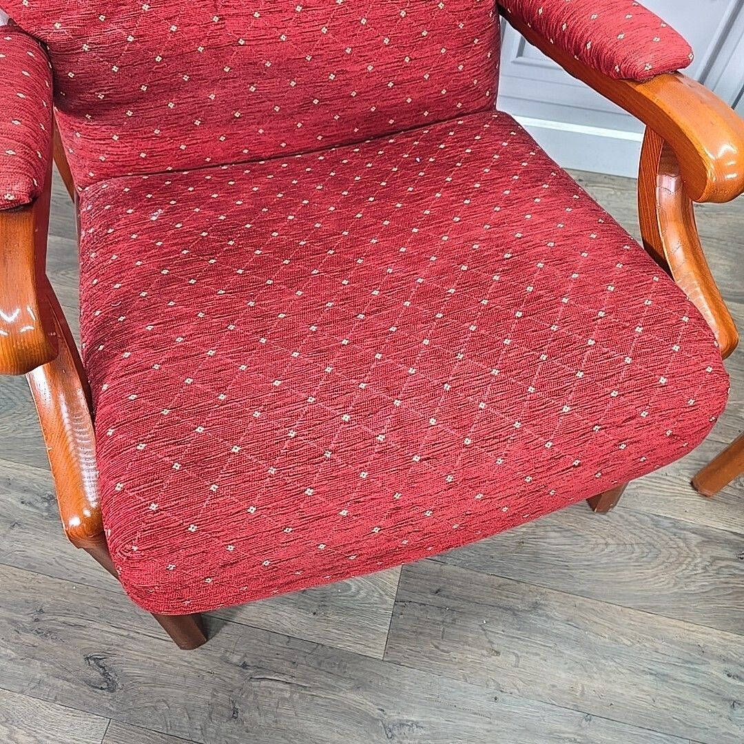 Pair Mid Century Armchairs Wooden Red Upholstery High Back Vintage Retro Chair photo Furniture