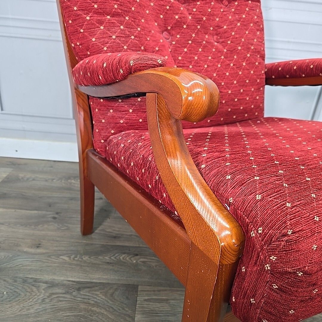 Pair Mid Century Armchairs Wooden Red Upholstery High Back Vintage Retro Chair photo buy