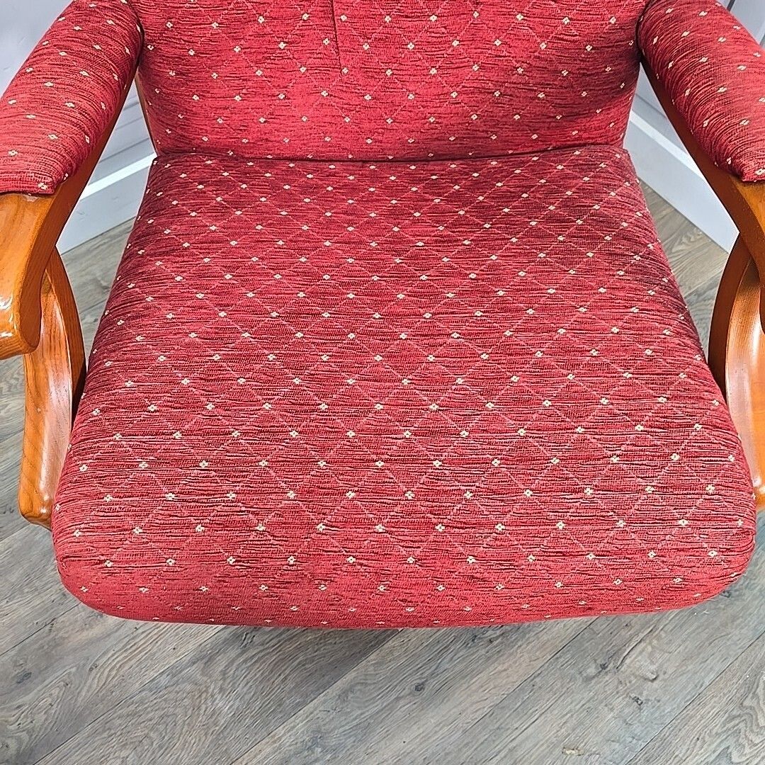Furniture Pair Mid Century Armchairs Wooden Red Upholstery High Back Vintage Retro Chair photo