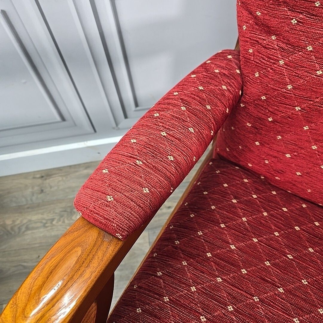 290.0 Pair Mid Century Armchairs Wooden Red Upholstery High Back Vintage Retro Chair photo