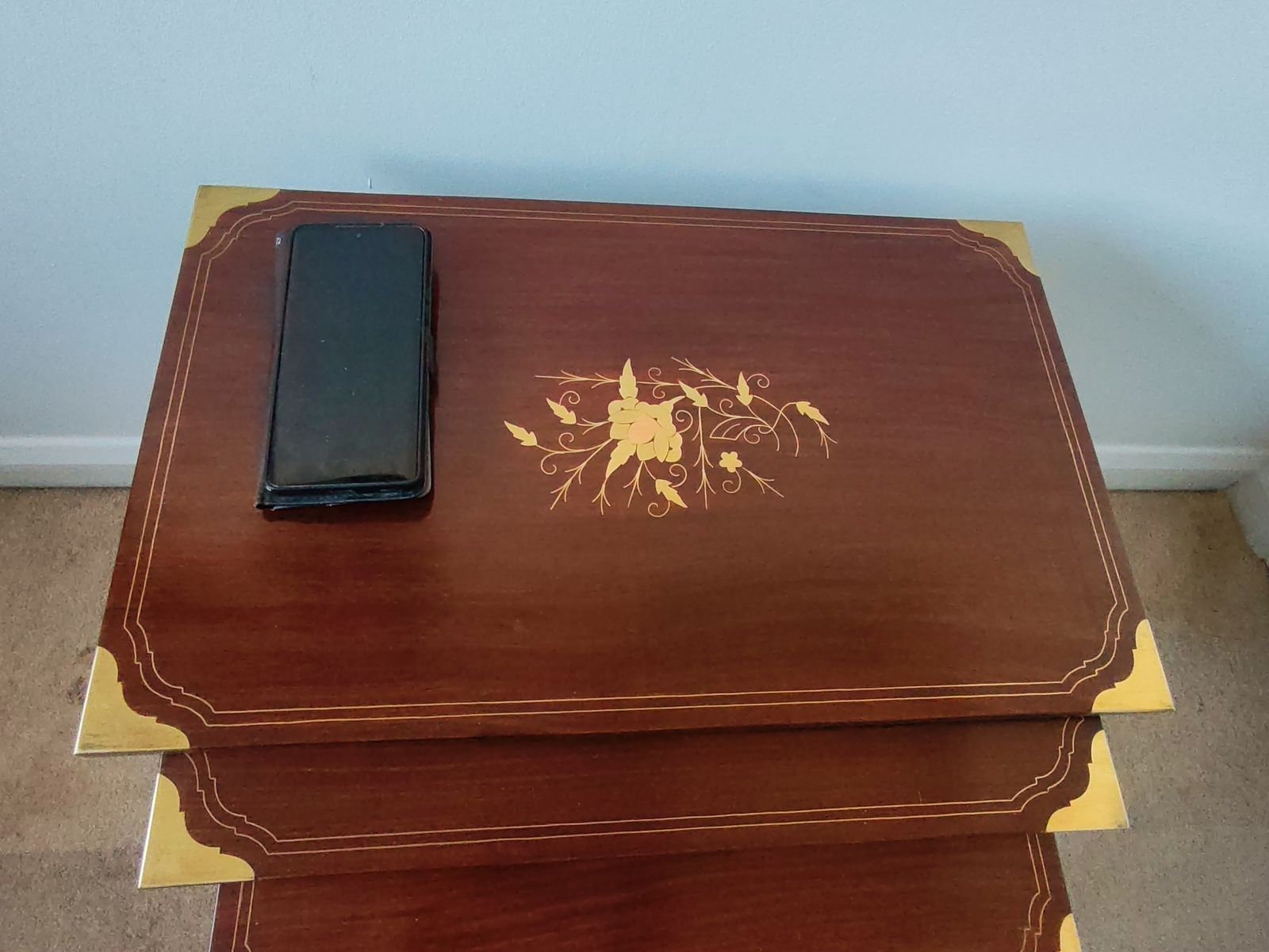 photo for sale Rare Set Of 4 Nesting Tables In Solid Rosewood With Brass Floral Marquetry & Campaign Details