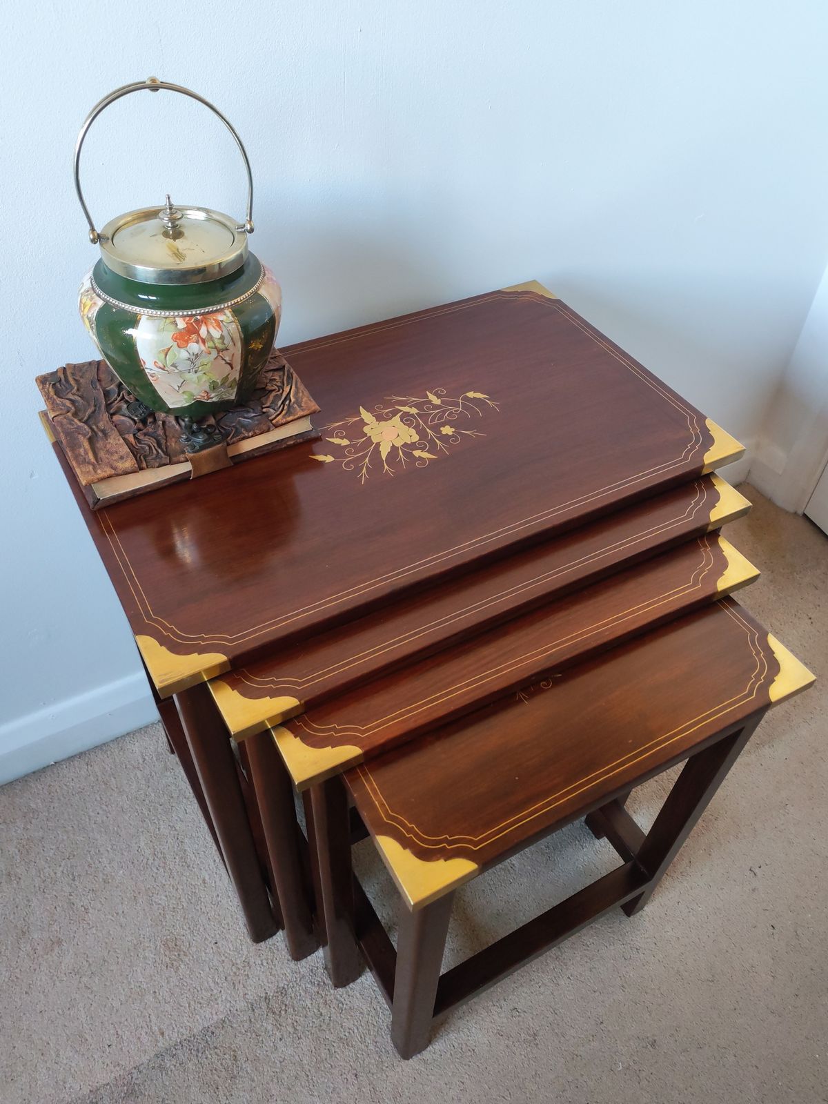 photo buy Rare Set Of 4 Nesting Tables In Solid Rosewood With Brass Floral Marquetry & Campaign Details
