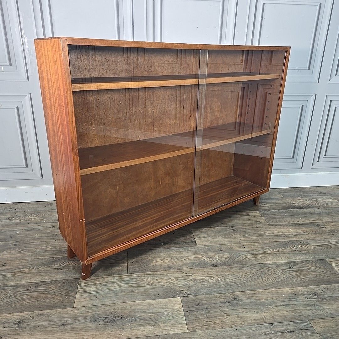 Mid Century Glass Bookcase Retro Vintage Teak Display Shelves Cabinet Wood Mcm photo for sale