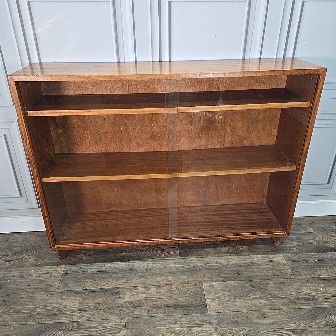 230.0 Mid Century Glass Bookcase Retro Vintage Teak Display Shelves Cabinet Wood Mcm photo