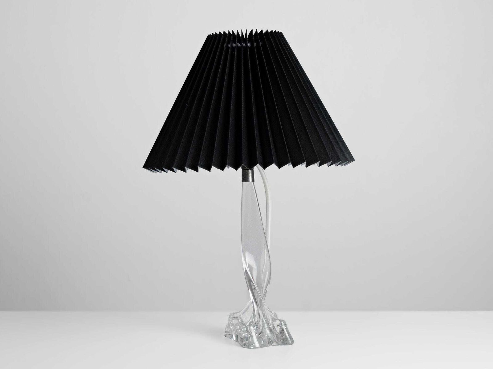 Vintage French Crystal Table Lamps – Mid Century Modern Black Pleated Shades. photo for sale