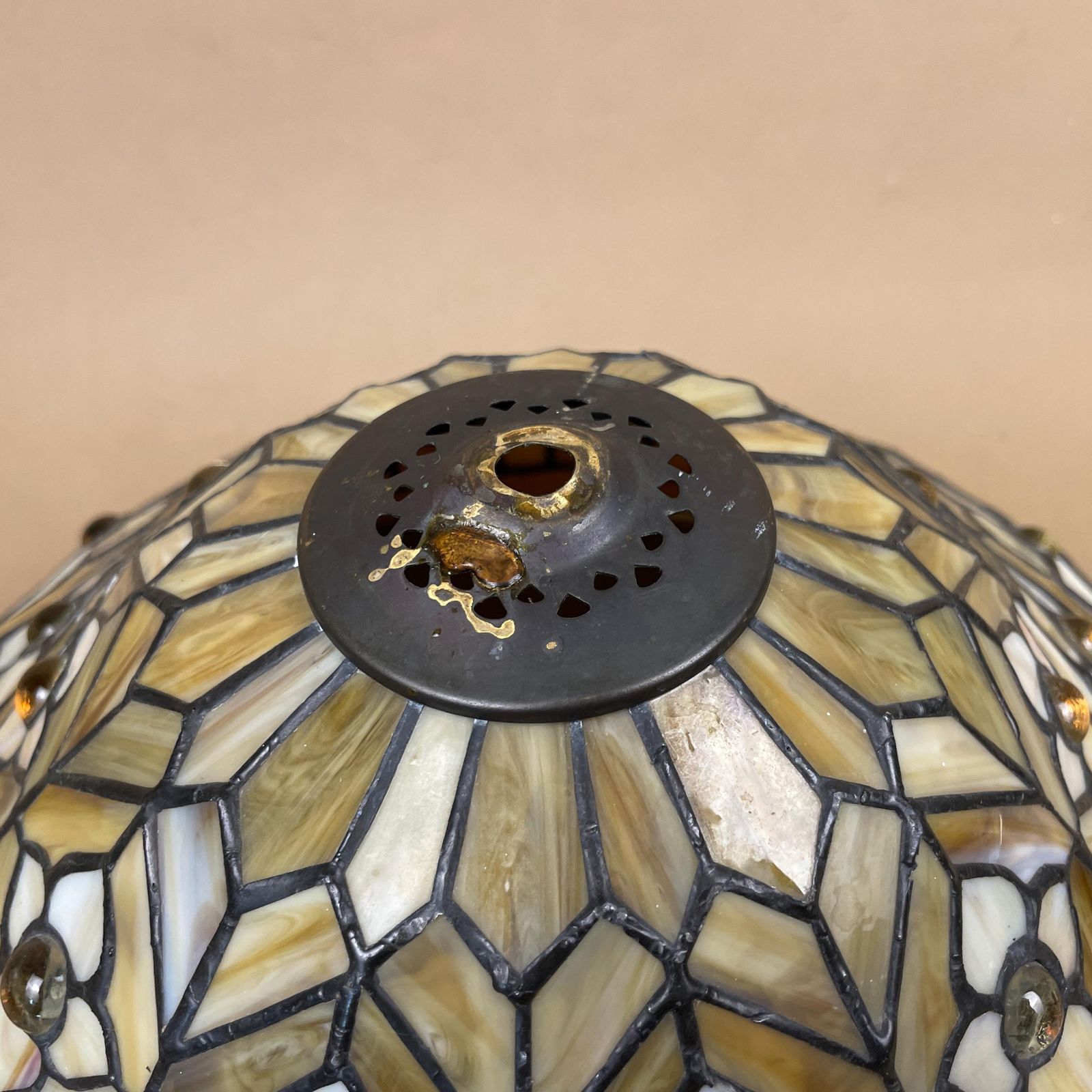 Tiffany Style Lamp Shade Yellow Black Colour Lampshade Ceiling Stain Glass Stained Lightshade Light Patterned Dome Circle Metal Large photo vintage