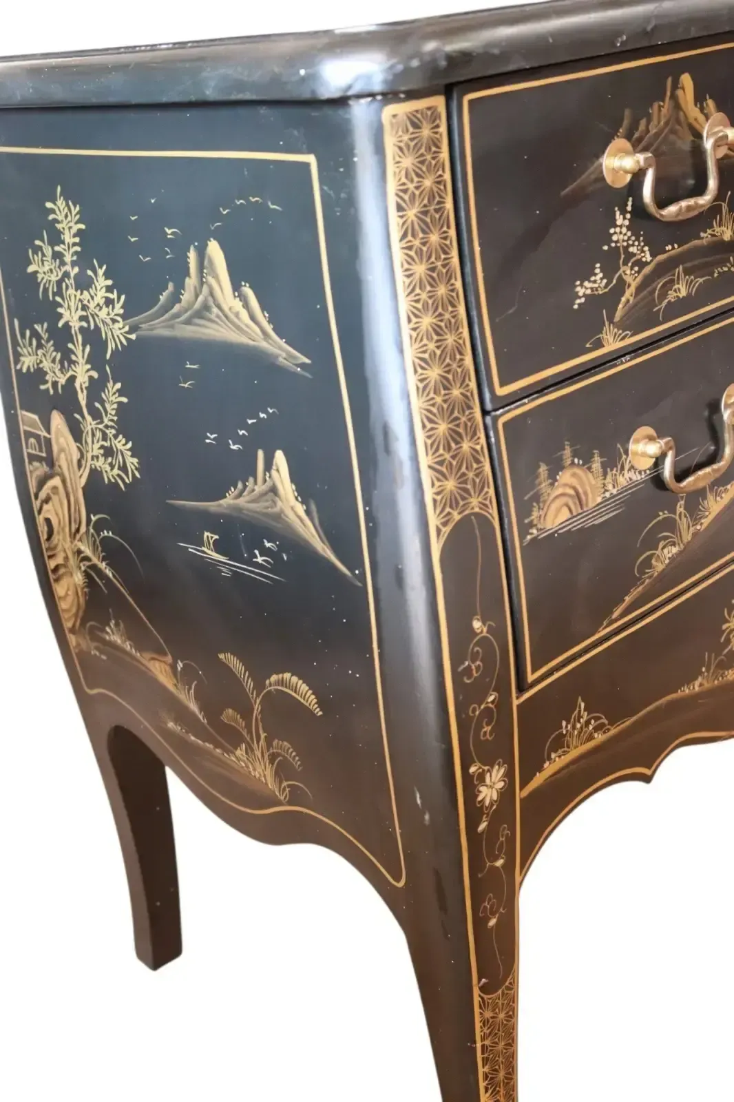 Furniture Vintage Chinoiserie Black Lacquer Chest Of Drawers Gold Japanned Bomb Chest photo