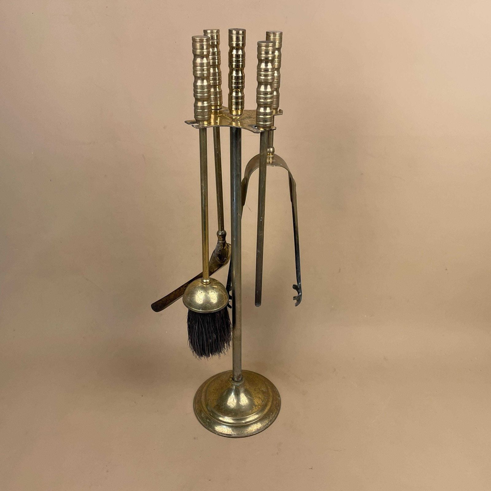 Antique Brass Gold Metal Fireside Tools Stand Vintage Companion Set Fireplace Gold Fireside Fire Farmhouse Cottage Four Piece 4 Round photo for sale