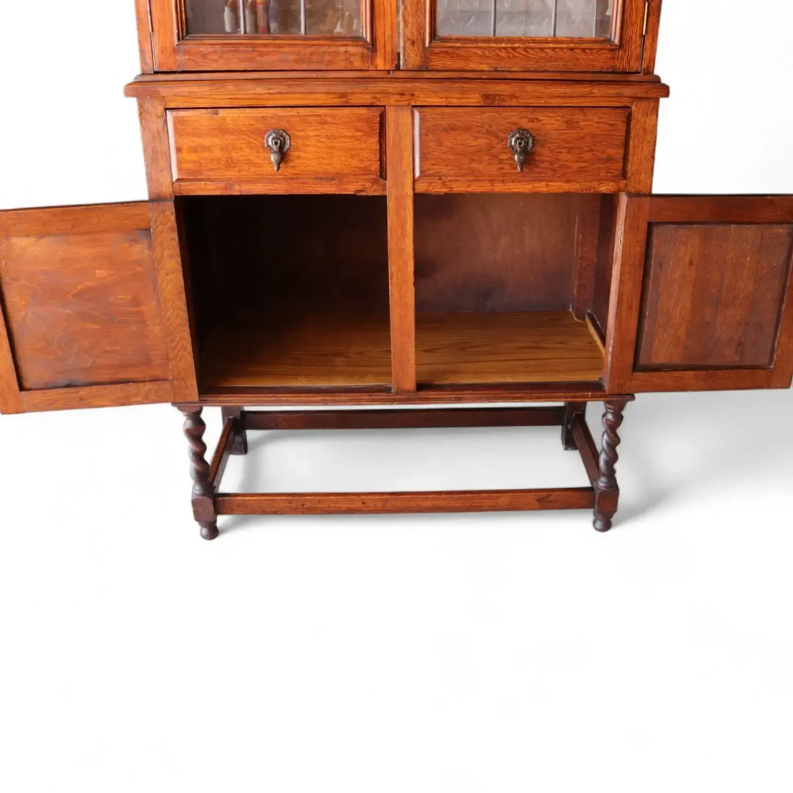 Antique Oak Leaded Glass Bookcase Jacobean Revival Arts & Crafts Style Cabinet photo 395.0