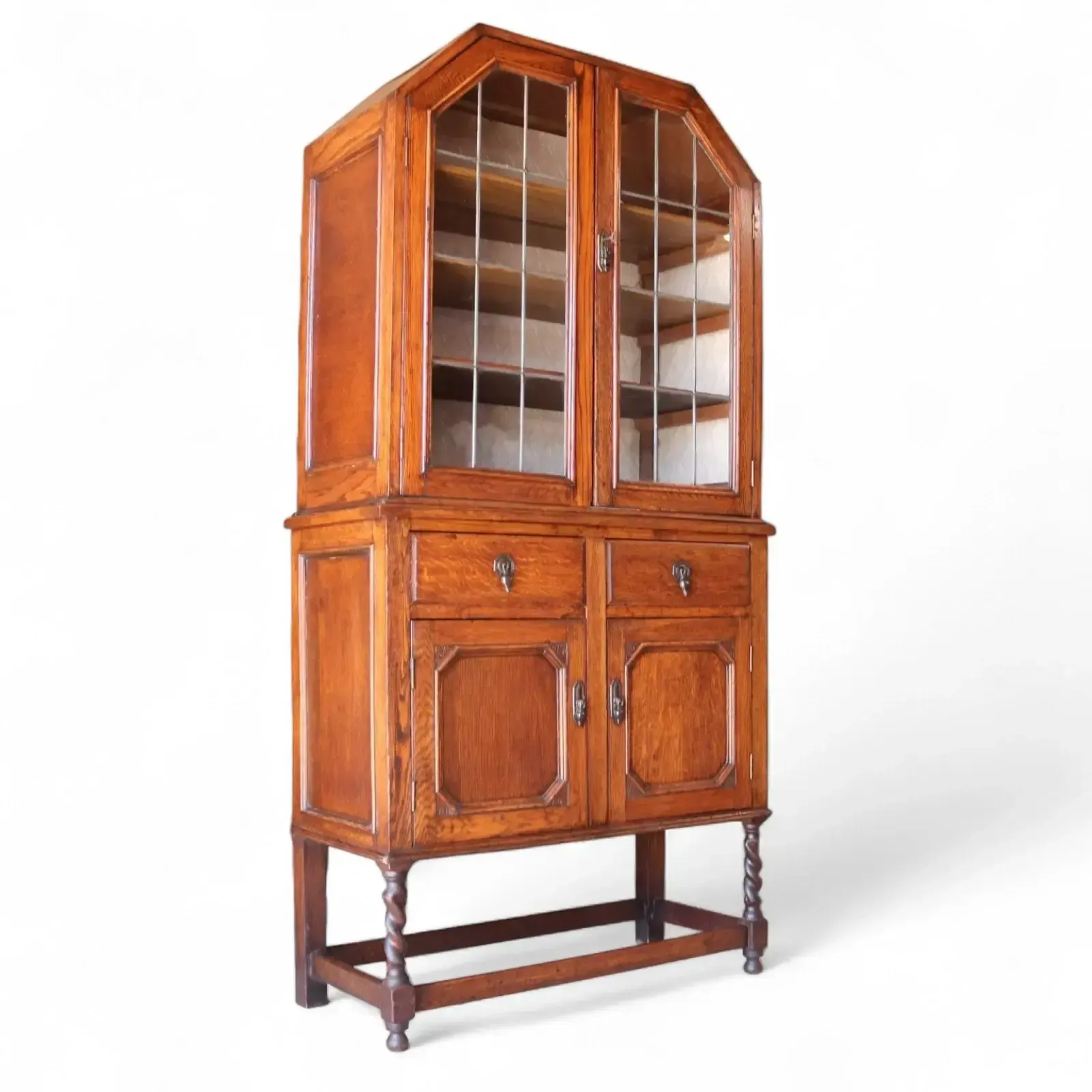 395.0 Antique Oak Leaded Glass Bookcase Jacobean Revival Arts & Crafts Style Cabinet photo