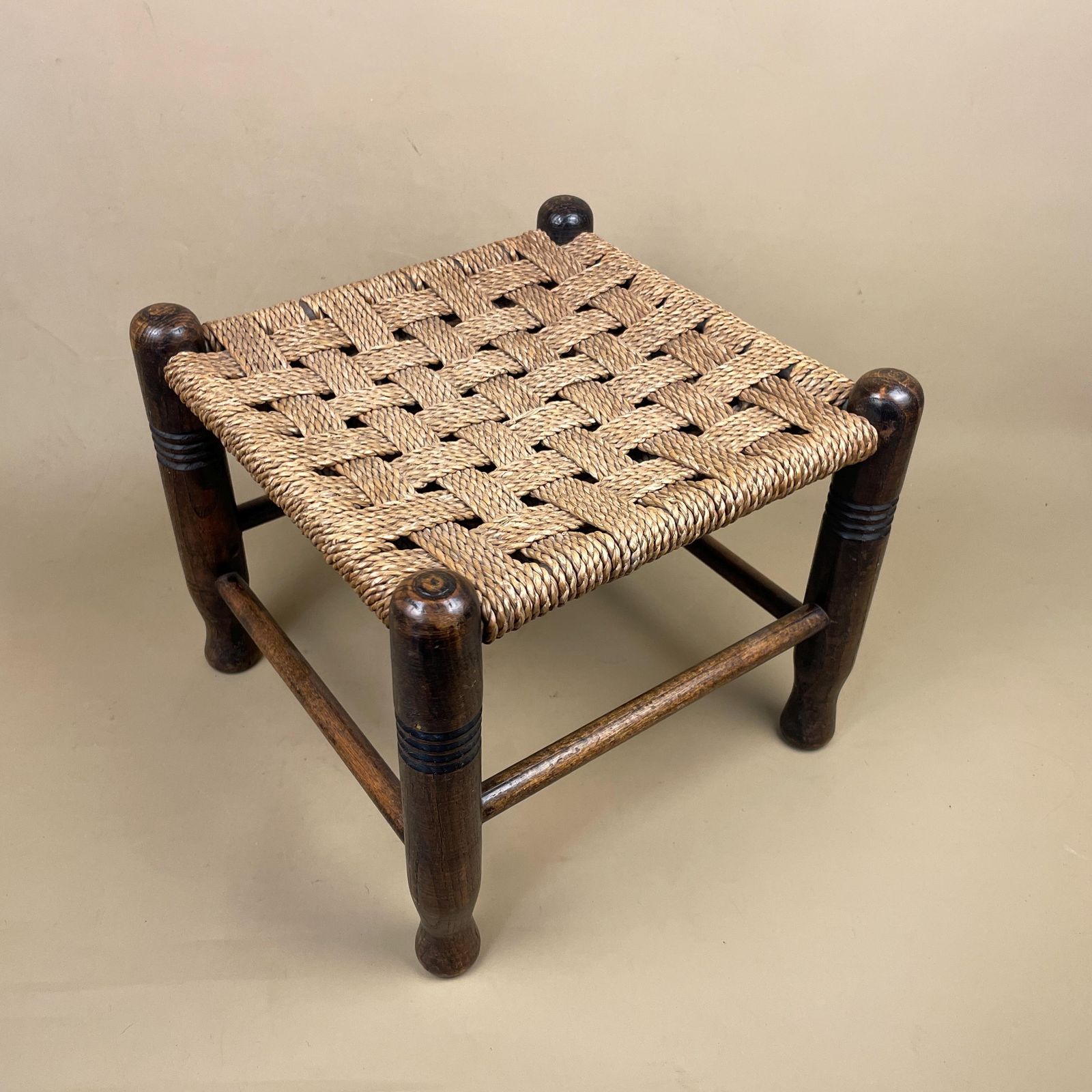 Antique Wooden Foot Stool Woven String Wood Cottage Furniture Square Brown Hallway Seat 24.5x28x28cm Footstool Bench