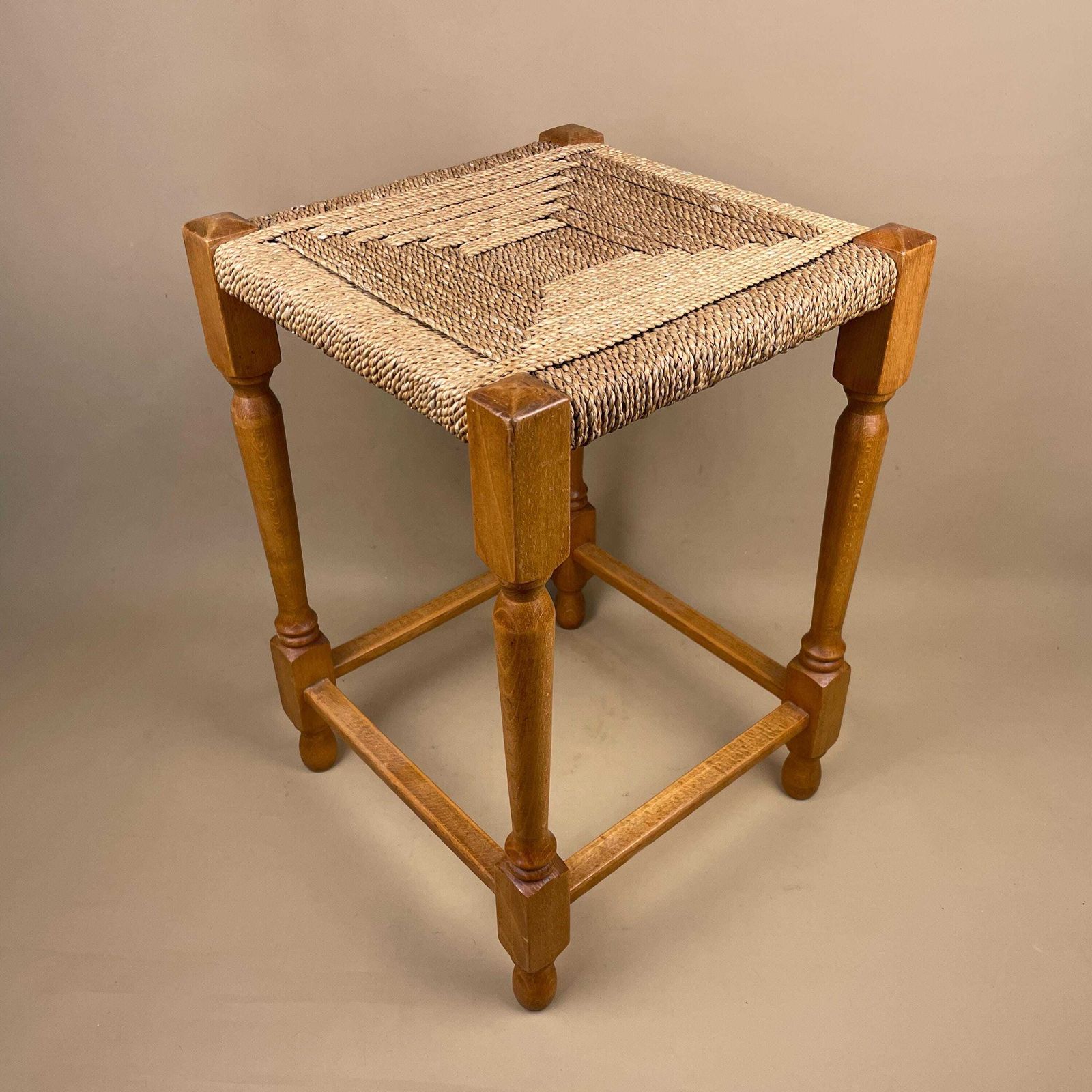 Antique Wooden Foot Stool Woven String Wood Cottage Furniture Square Brown Hallway Seat 45x30x30cm Footstool Bench
