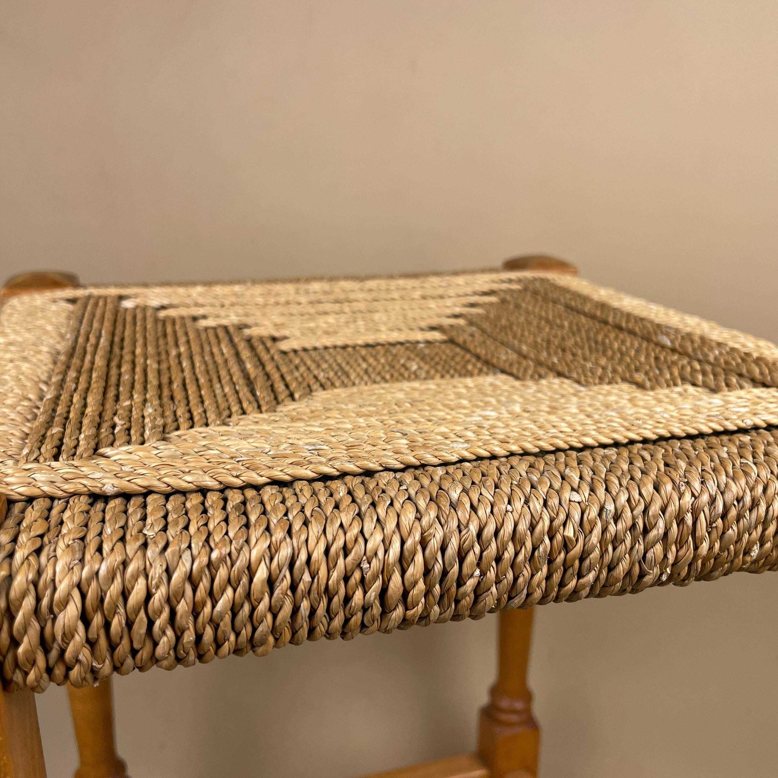Antique Wooden Foot Stool Woven String Wood Cottage Furniture Square Brown Hallway Seat 45x30x30cm Footstool Bench photo Furniture