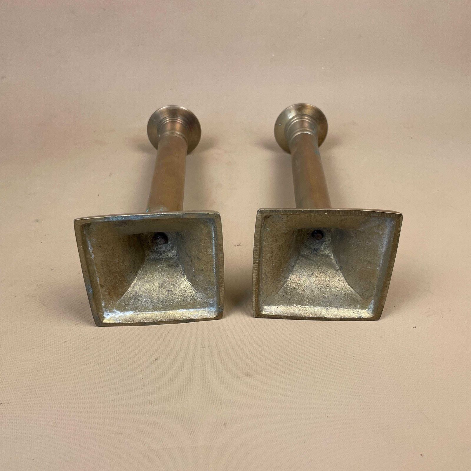 Antique Matching Pair Of Gold Brass Metal Candlestick Candle Stick Holder Vintage Column Taper Dinner Candlesticks Square Base Pillar photo vintage