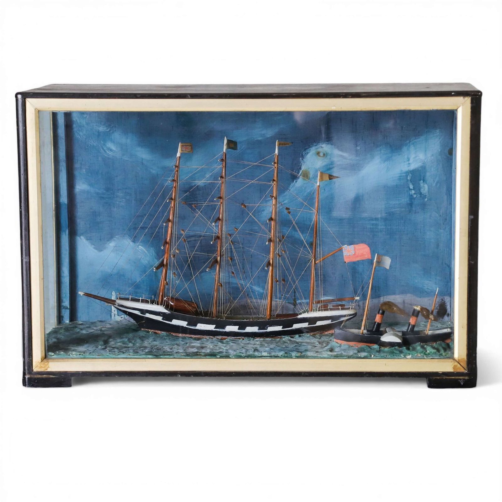 Four‑Masted Sailing Ship Diorama With Steam Barge   Turneresque Seascape