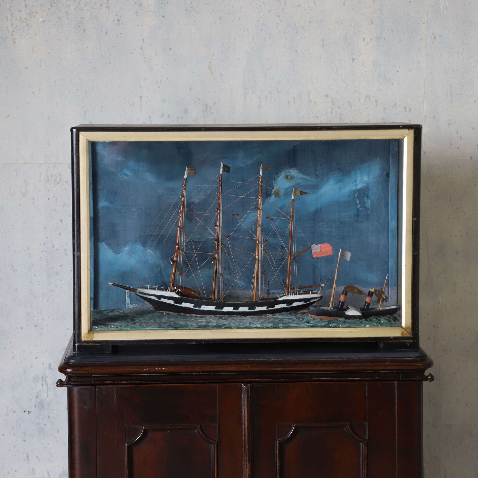 Four‑Masted Sailing Ship Diorama With Steam Barge   Turneresque Seascape photo furniture