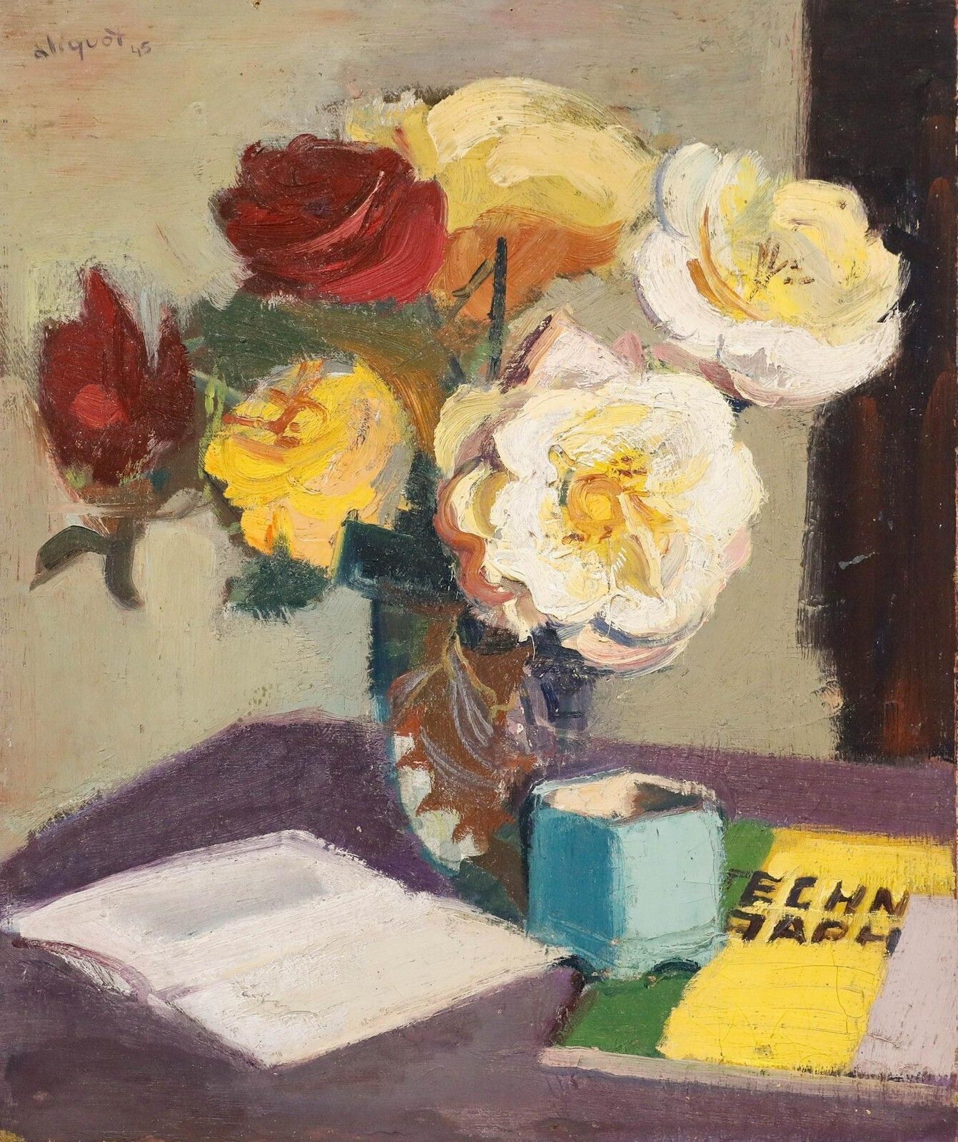 Roger Aliquot (1914 1979)   Impasto 1945 Oil, Bouquet And Books photo for sale