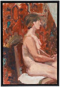 Pauline Plummer (B.1933)   Framed 20th Century Oil, Nude On Red Textile photo furniture