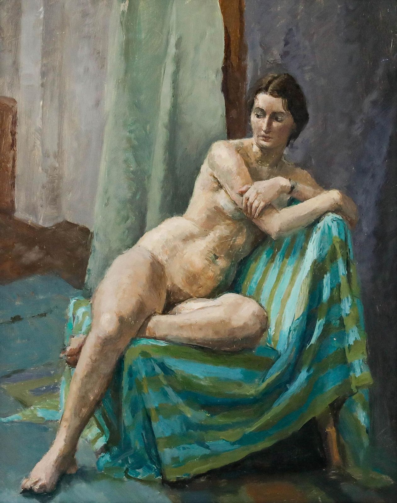 Pauline Plummer (B.1933)   20th Century Oil, Nude On A Striped Blanket photo for sale