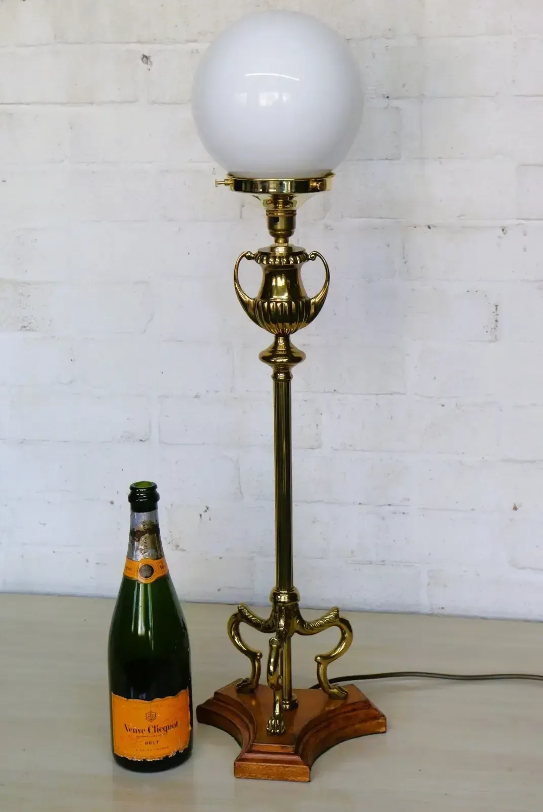 Table Lamp A Vintage Tall Brass Lamp Glass Milk Glass Globe Shade French Empire photo for sale