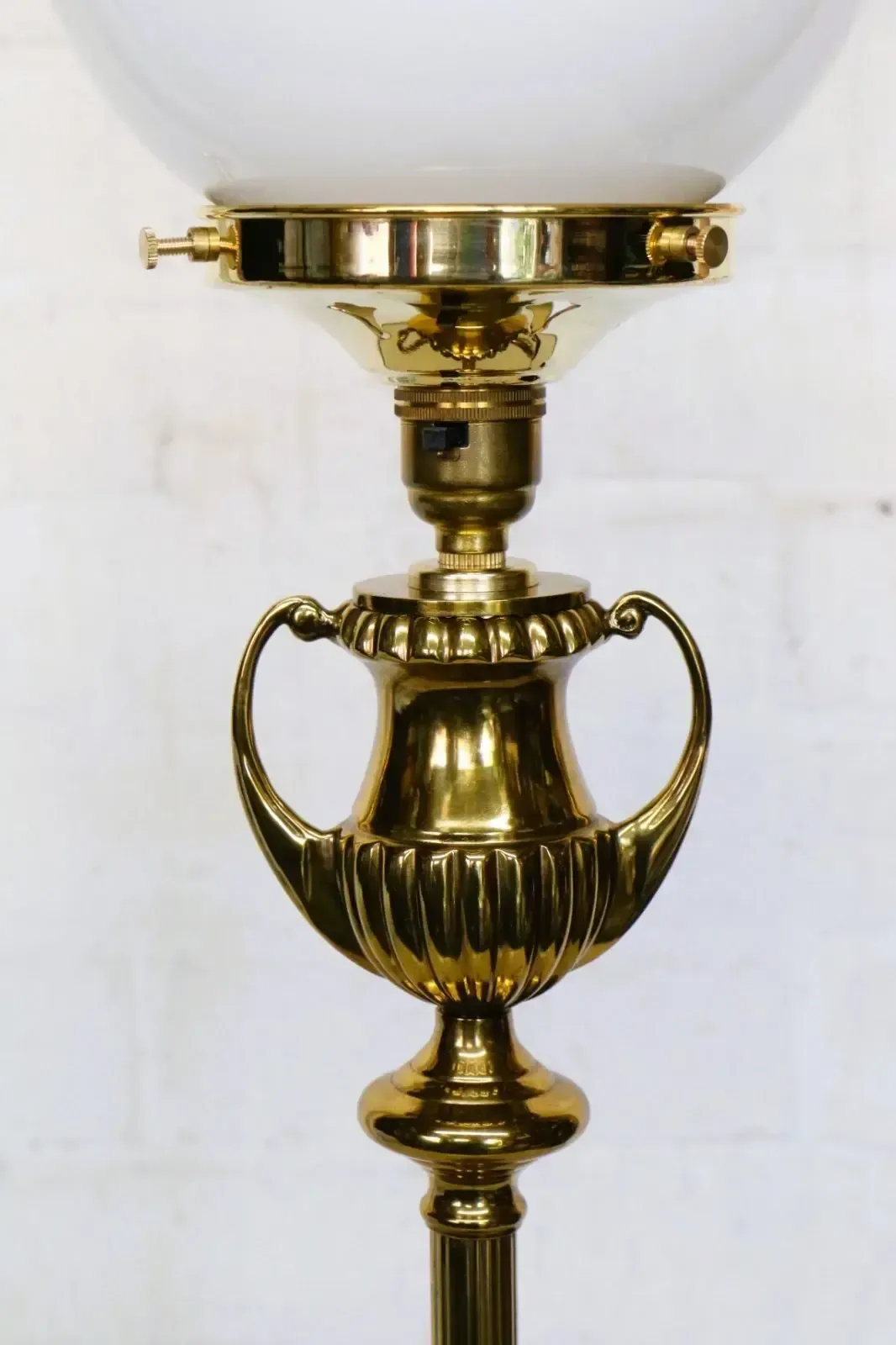 Table Lamp A Vintage Tall Brass Lamp Glass Milk Glass Globe Shade French Empire photo vinterior