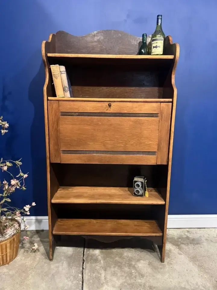 Antique Oak Arts And Crafts Writing Bureau Students Deck Bookshelf Hall photo furniture