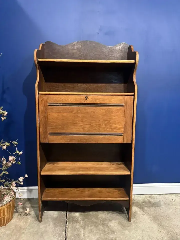 Antique Oak Arts And Crafts Writing Bureau Students Deck Bookshelf Hall photo for sale