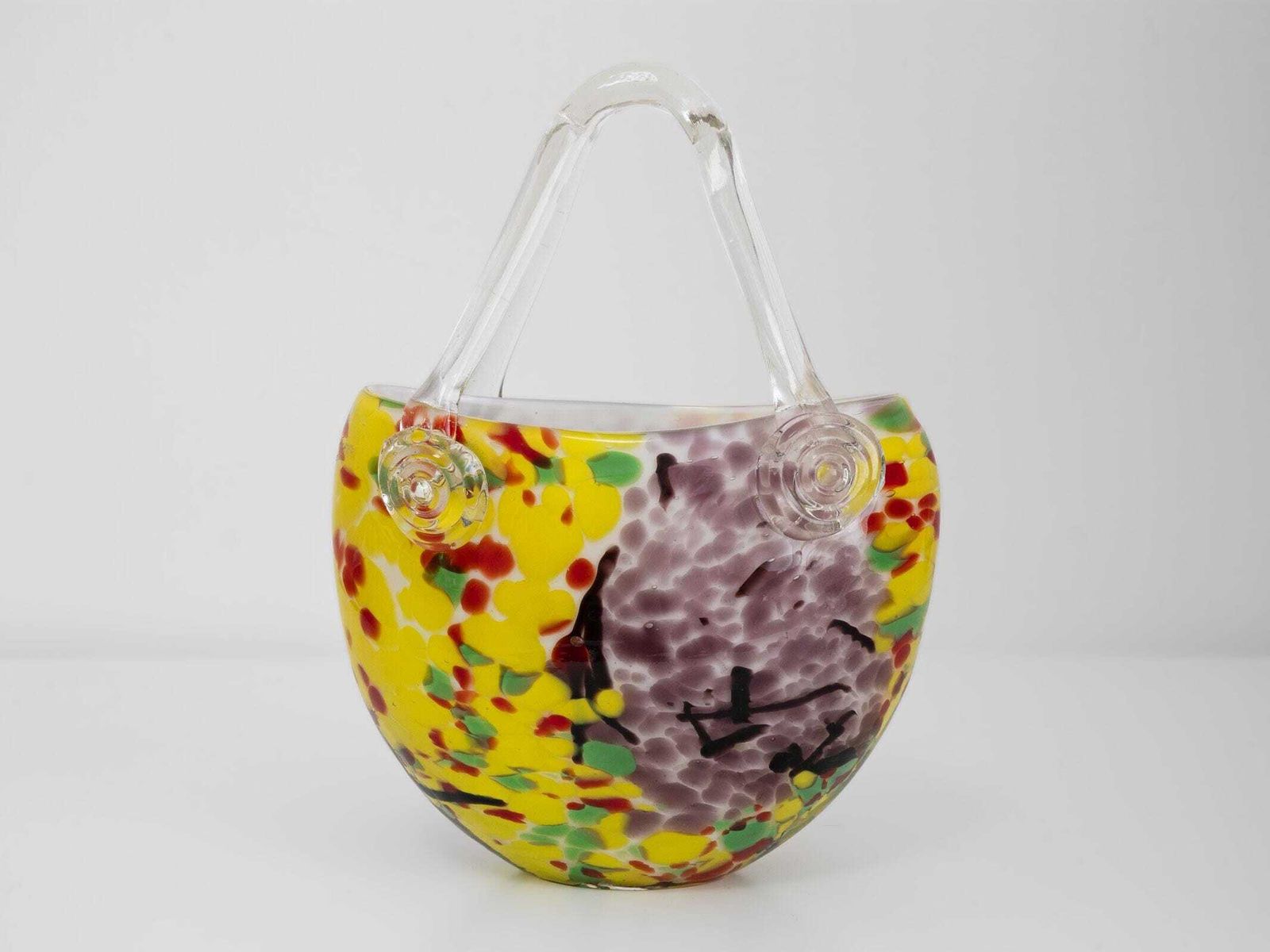 Murano Italian Art Glass Handbag Vase – Yellow, Purple, Red, Green Mid Century Decor