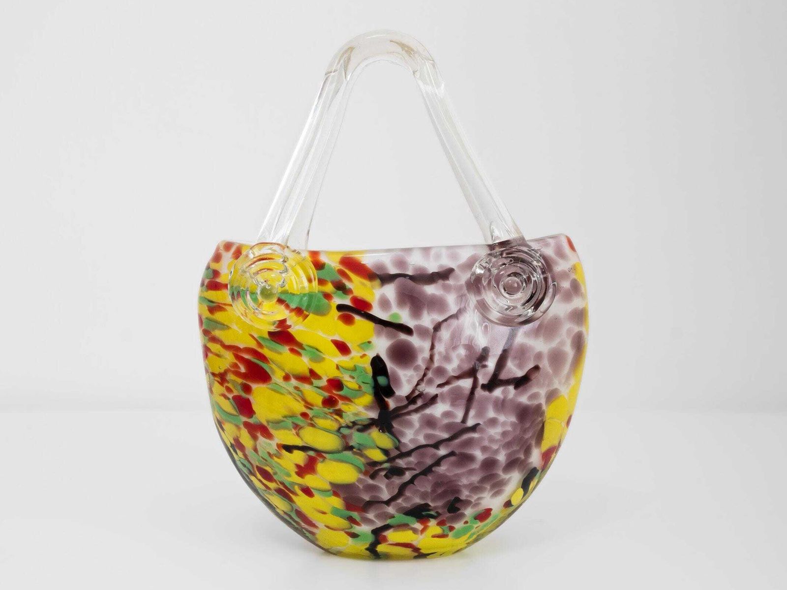 Murano Italian Art Glass Handbag Vase – Yellow, Purple, Red, Green Mid Century Decor photo furniture