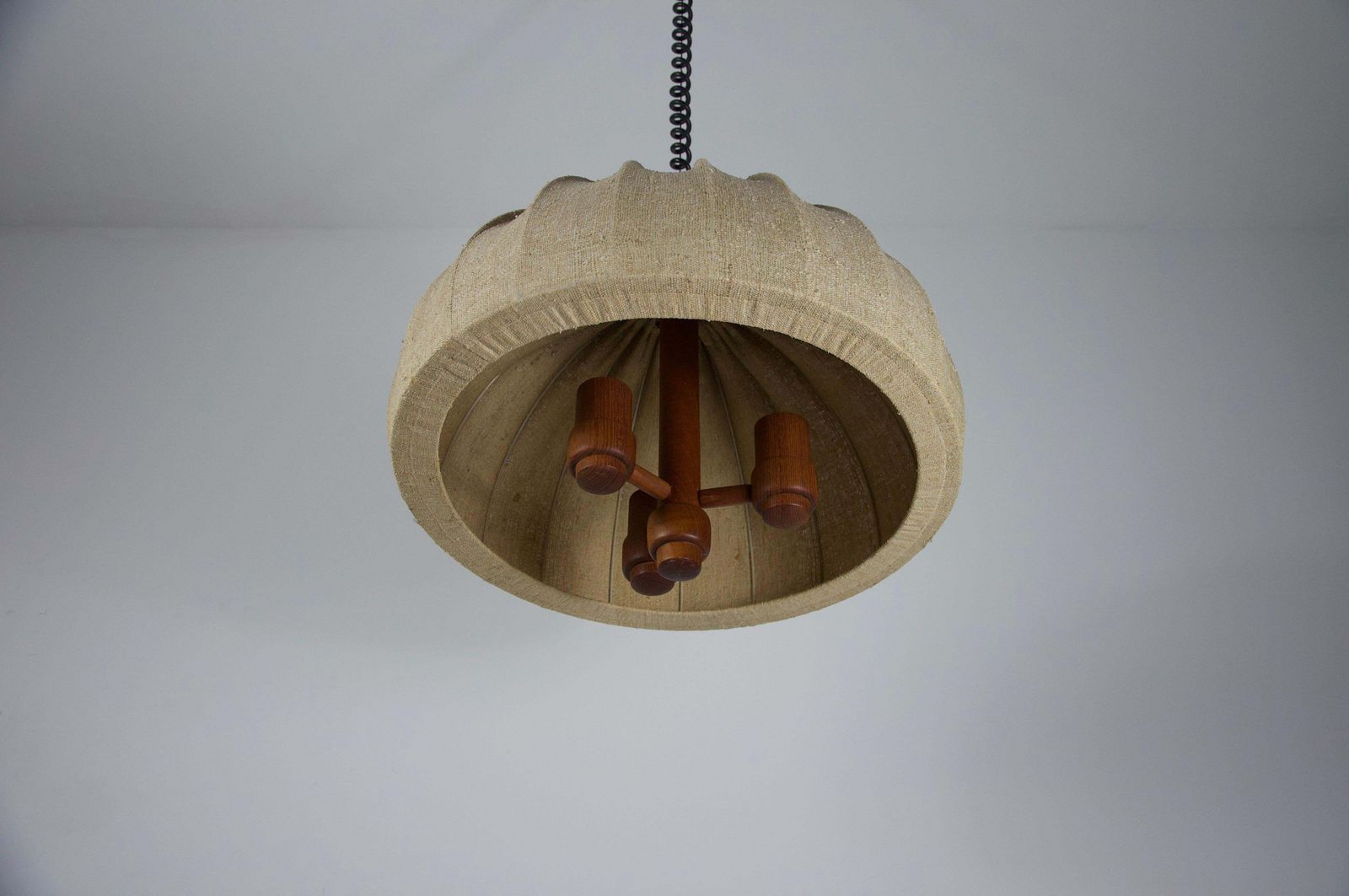 photo furniture Adjustable Wood And Fabric Shade Pendant Lamp By Domus, 1960s