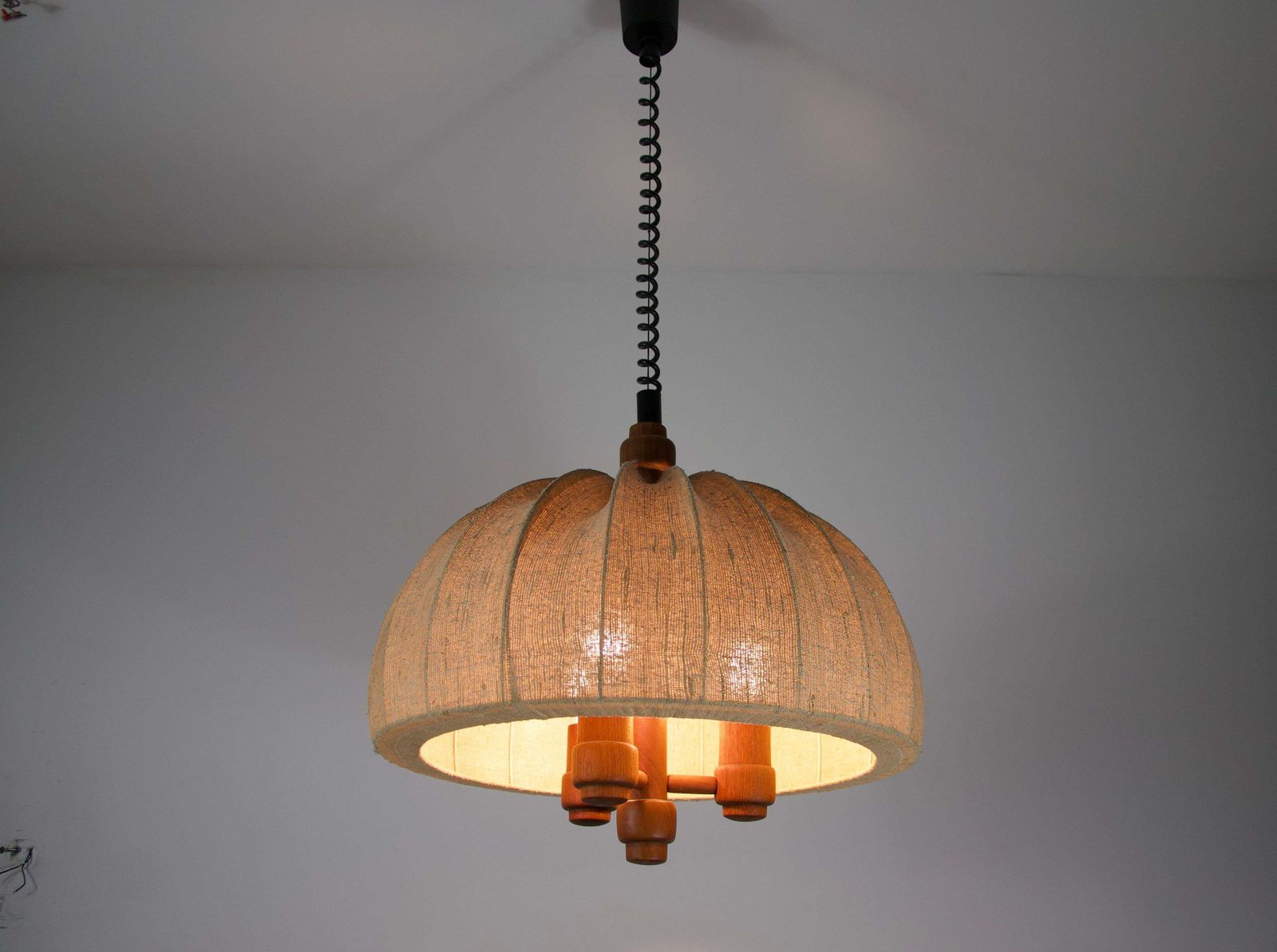 photo buy Adjustable Wood And Fabric Shade Pendant Lamp By Domus, 1960s