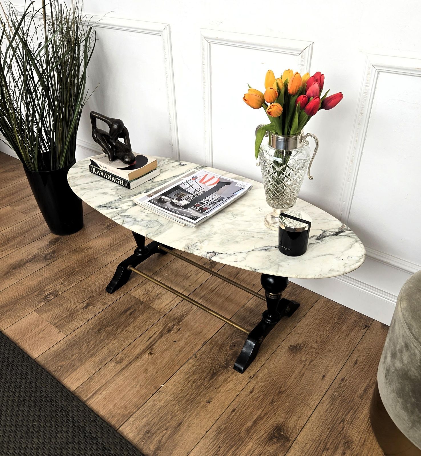 Mid Century Italian Carved Walnut Side Coffee Table With Oval White Marble Top photo Furniture