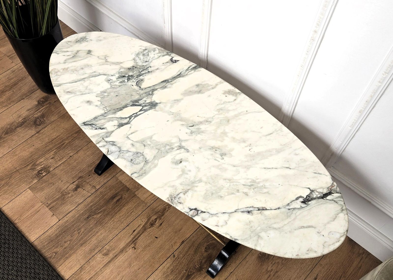 Mid Century Italian Carved Walnut Side Coffee Table With Oval White Marble Top photo vinterior