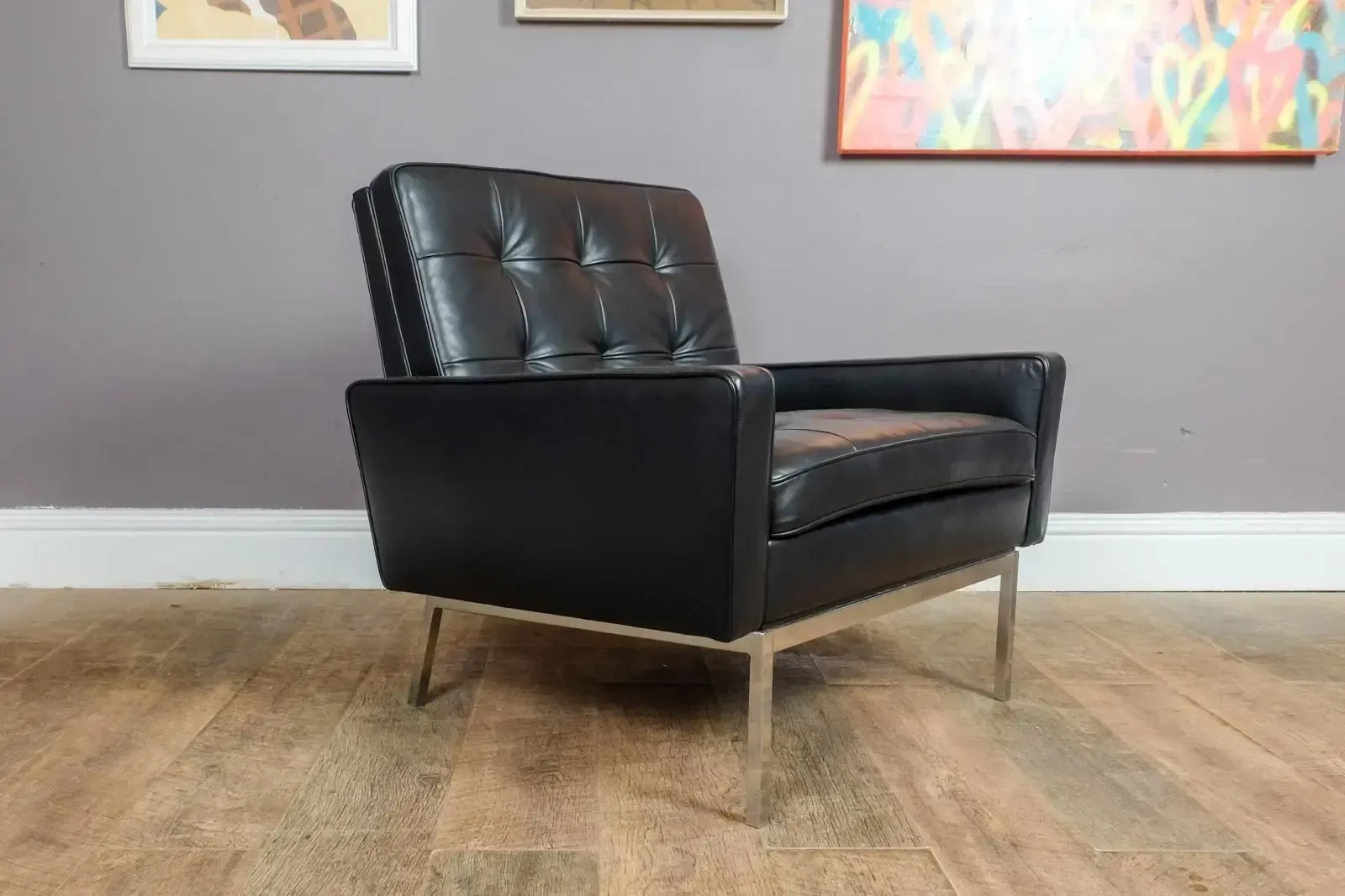 Pair Of Florence Knoll Black Leather Lounge Chairs Model 65a photo vinterior