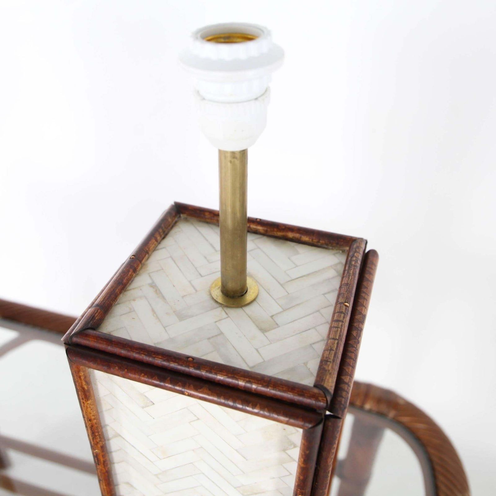 Pair Of Bones Marquetry And Rattan Lamps photo vintage