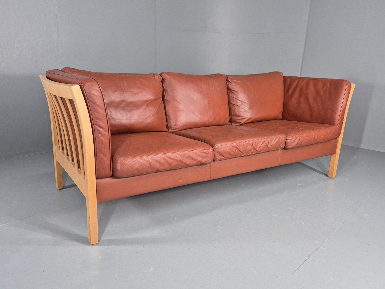 Vintage Stouby 3 Seat Sofa Reddy Brown Leather Beech Wood Slat