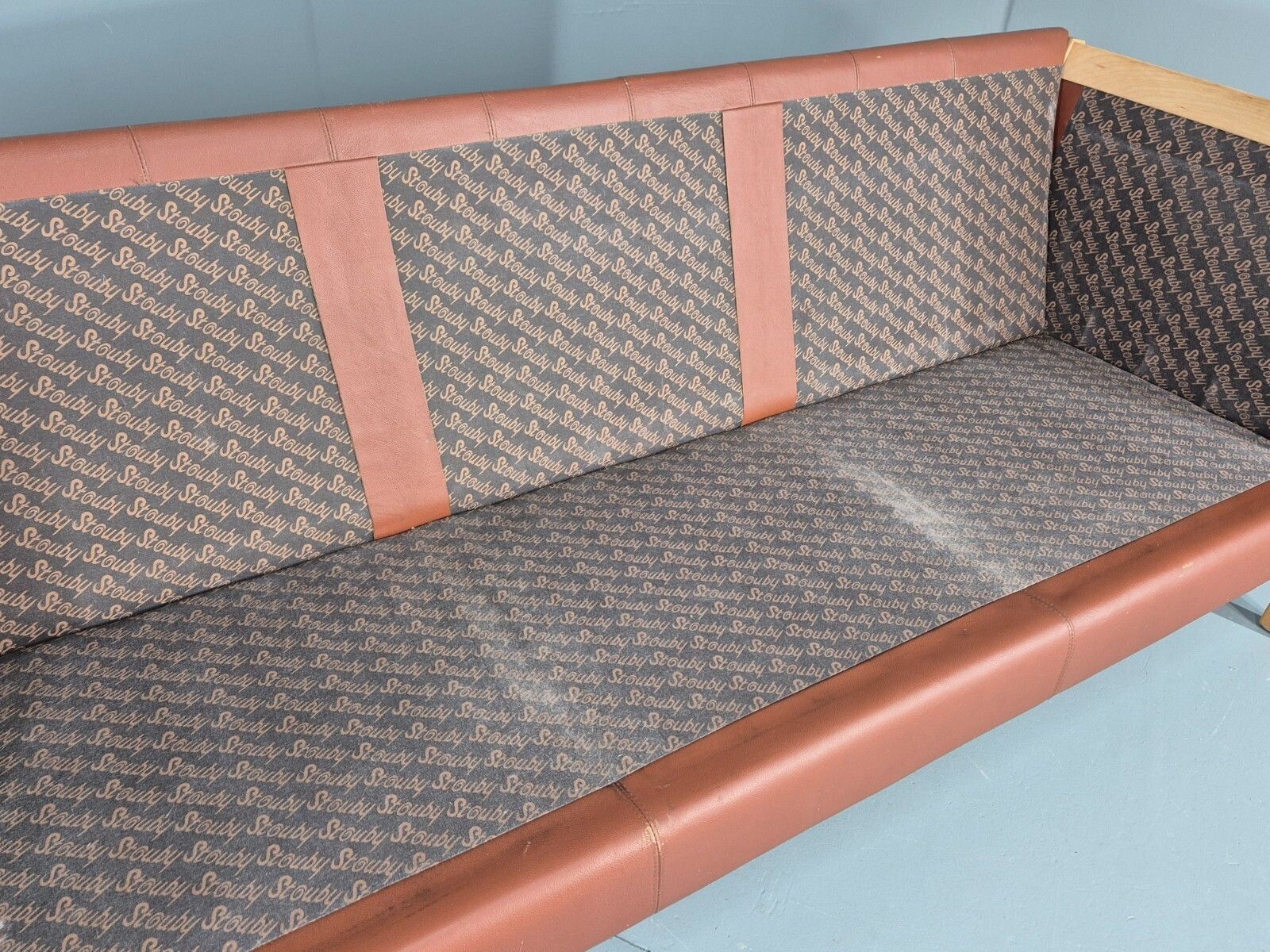 Furniture Vintage Stouby 3 Seat Sofa Reddy Brown Leather Beech Wood Slat photo