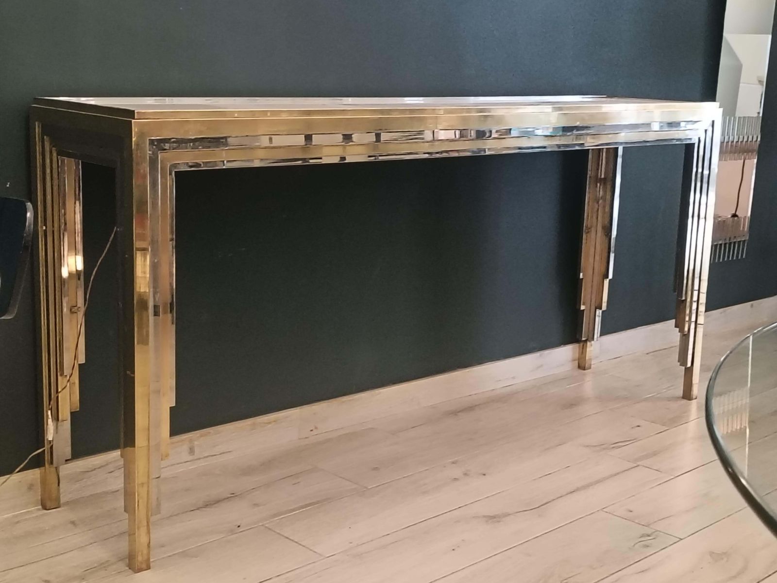 Romeo Rega Brass And Chrome Console Table With Underilluminated Glass Top, 1970s