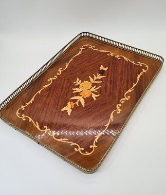 Large Neoclassical Hollywood Regency Inlaid Wooden Tray With Brass Gallery, 1960s 1970s photo 278.0