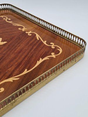 Large Neoclassical Hollywood Regency Inlaid Wooden Tray With Brass Gallery, 1960s 1970s photo buy