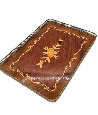 Home Decor Large Neoclassical Hollywood Regency Inlaid Wooden Tray With Brass Gallery, 1960s 1970s photo