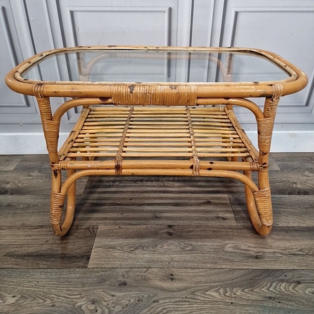 Retro Vintage Coffee Table Mid Century Bamboo & Rattan   Glass Top – Boho Style photo furniture