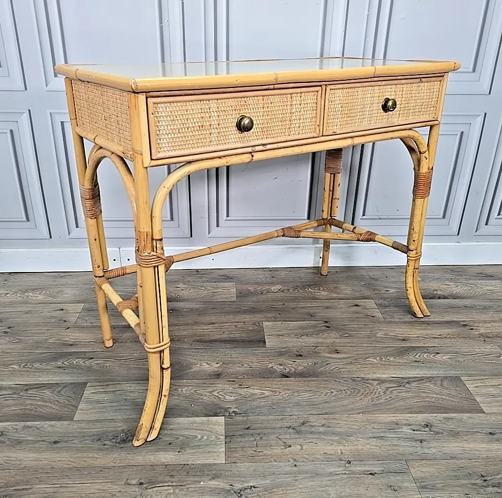 Vintage Bamboo Dressing Table Rattan Framed Wicker Panelled Writing Desk Retro
