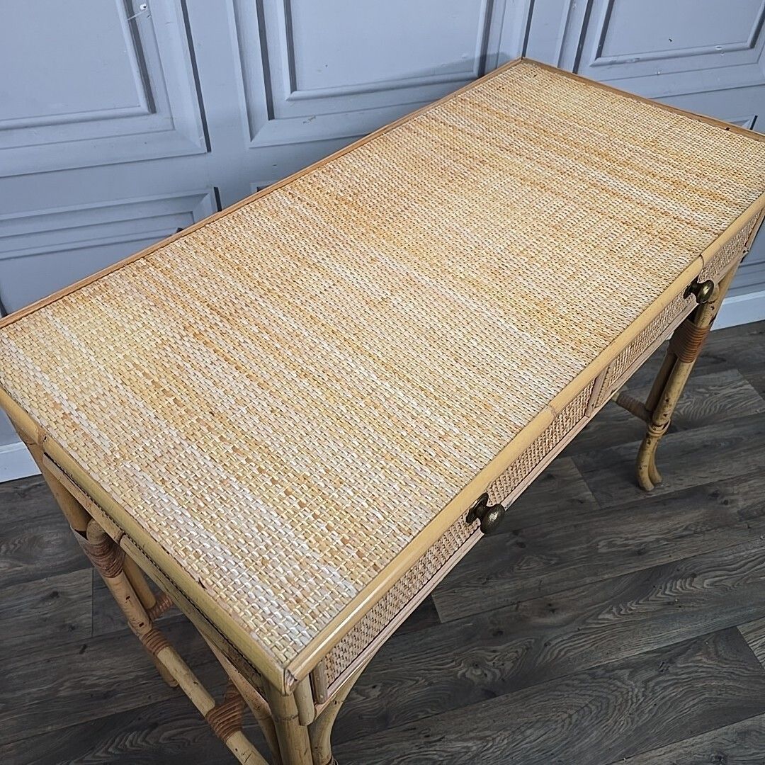 Vintage Bamboo Dressing Table Rattan Framed Wicker Panelled Writing Desk Retro photo buy
