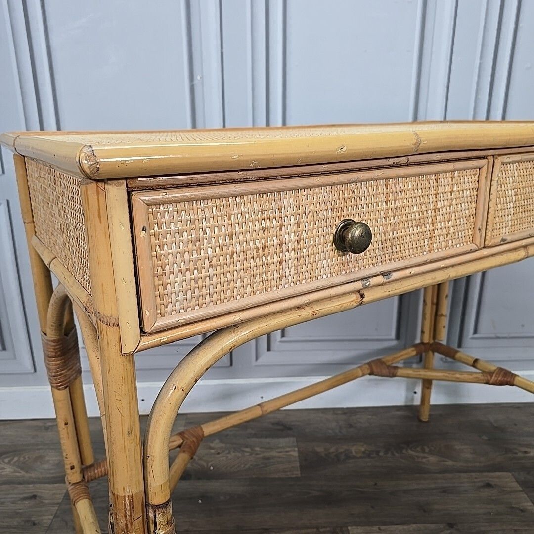 Vintage Bamboo Dressing Table Rattan Framed Wicker Panelled Writing Desk Retro photo vintage