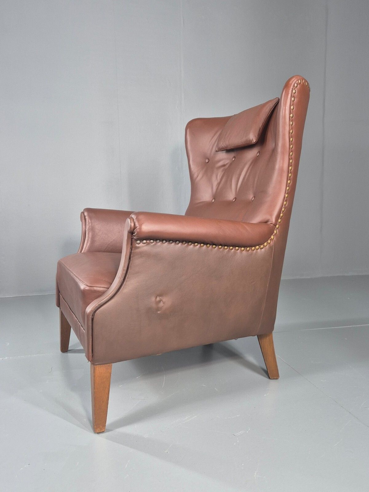 Vintage Mid Century Wing Back Lounge Chair Danish Brown Vinyl Mnor photo furniture