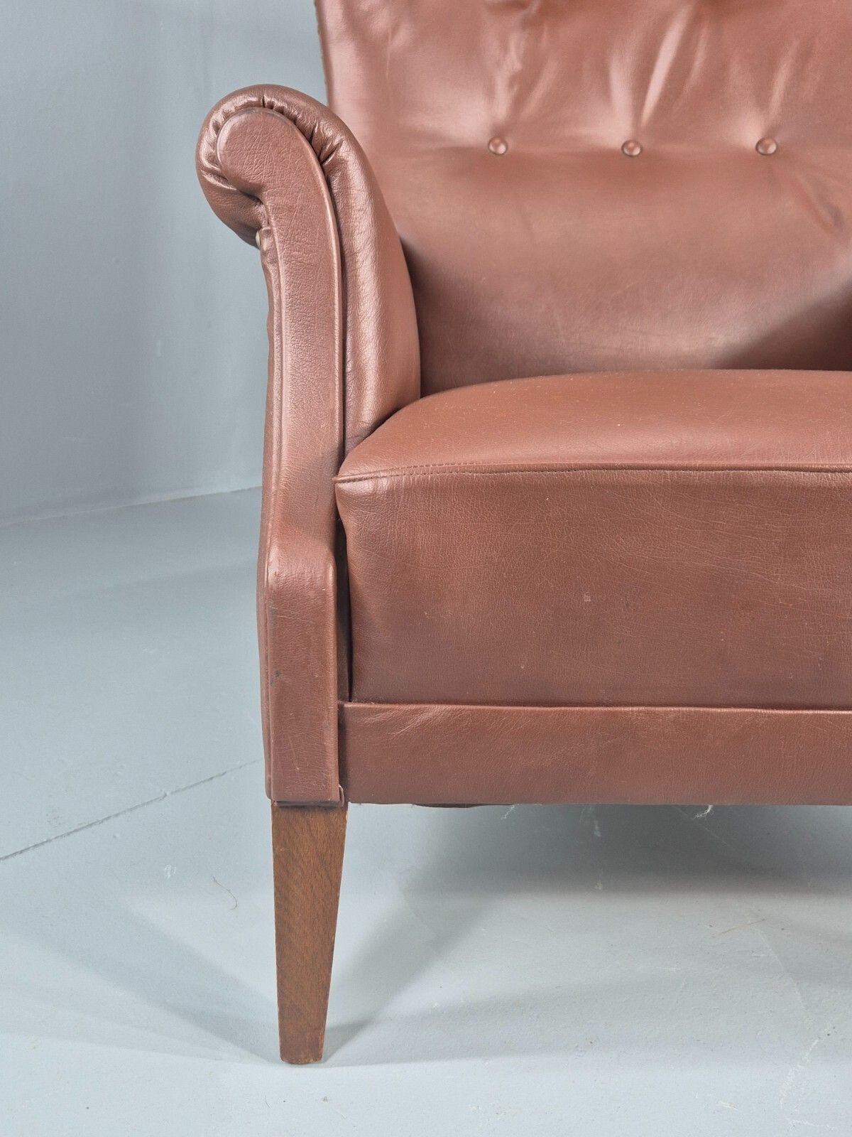 Vintage Mid Century Wing Back Lounge Chair Danish Brown Vinyl Mnor photo vinterior